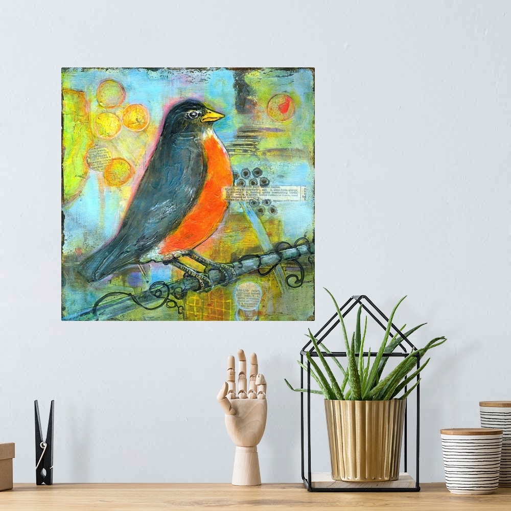 A bohemian room featuring Lighthearted contemporary painting of a robin perched against a colorful abstract background.