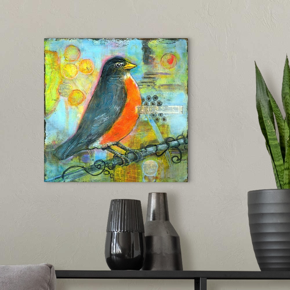 A modern room featuring Lighthearted contemporary painting of a robin perched against a colorful abstract background.