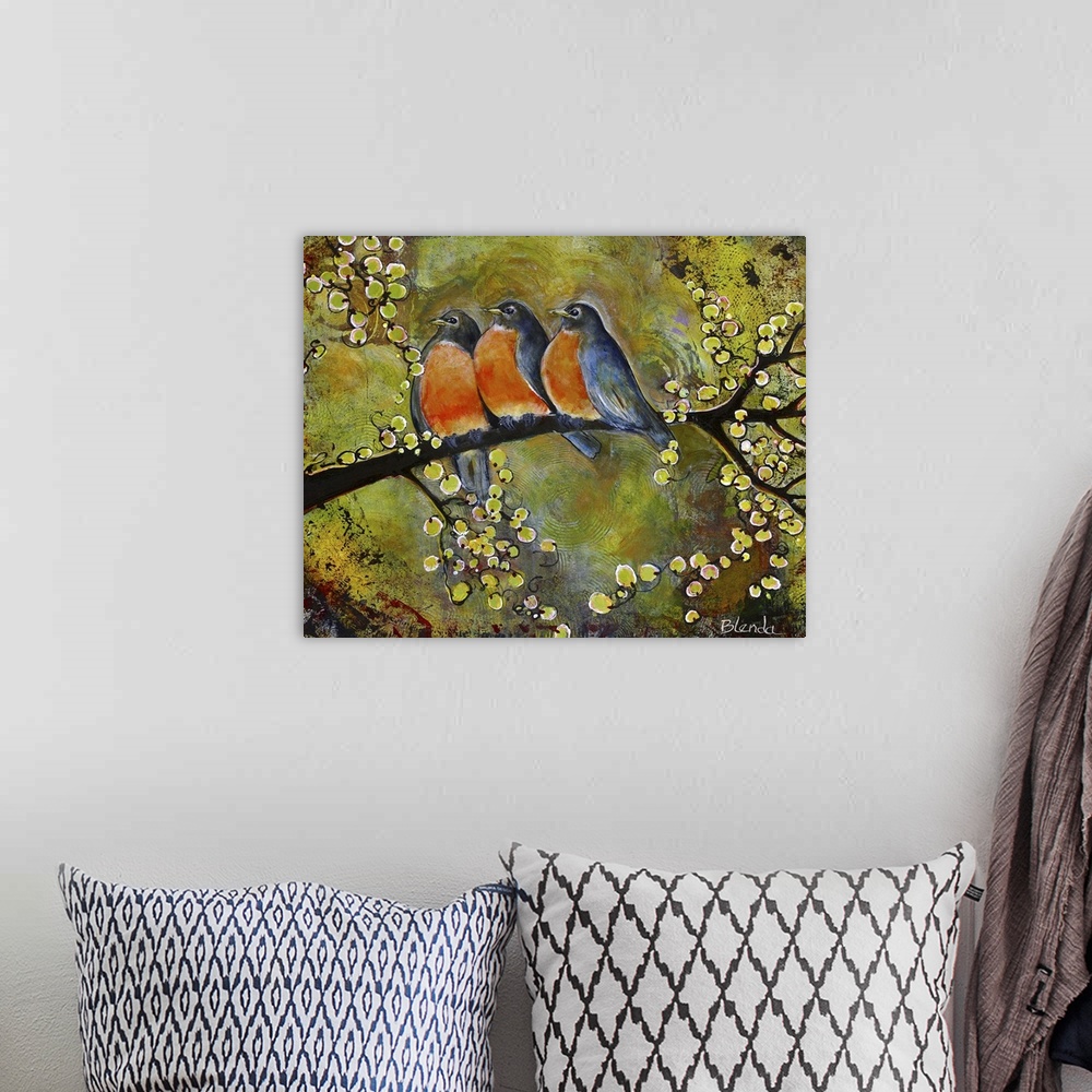 A bohemian room featuring Lighthearted contemporary painting of three bluebirds perched on a branch together.