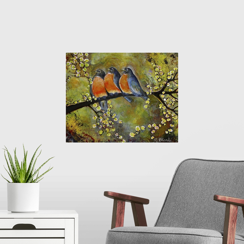 A modern room featuring Lighthearted contemporary painting of three bluebirds perched on a branch together.