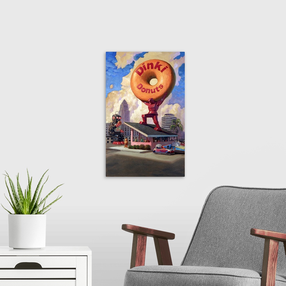 A modern room featuring A contemporary painting of a giant red retro toy robot standing on top of a diner holding a giant...
