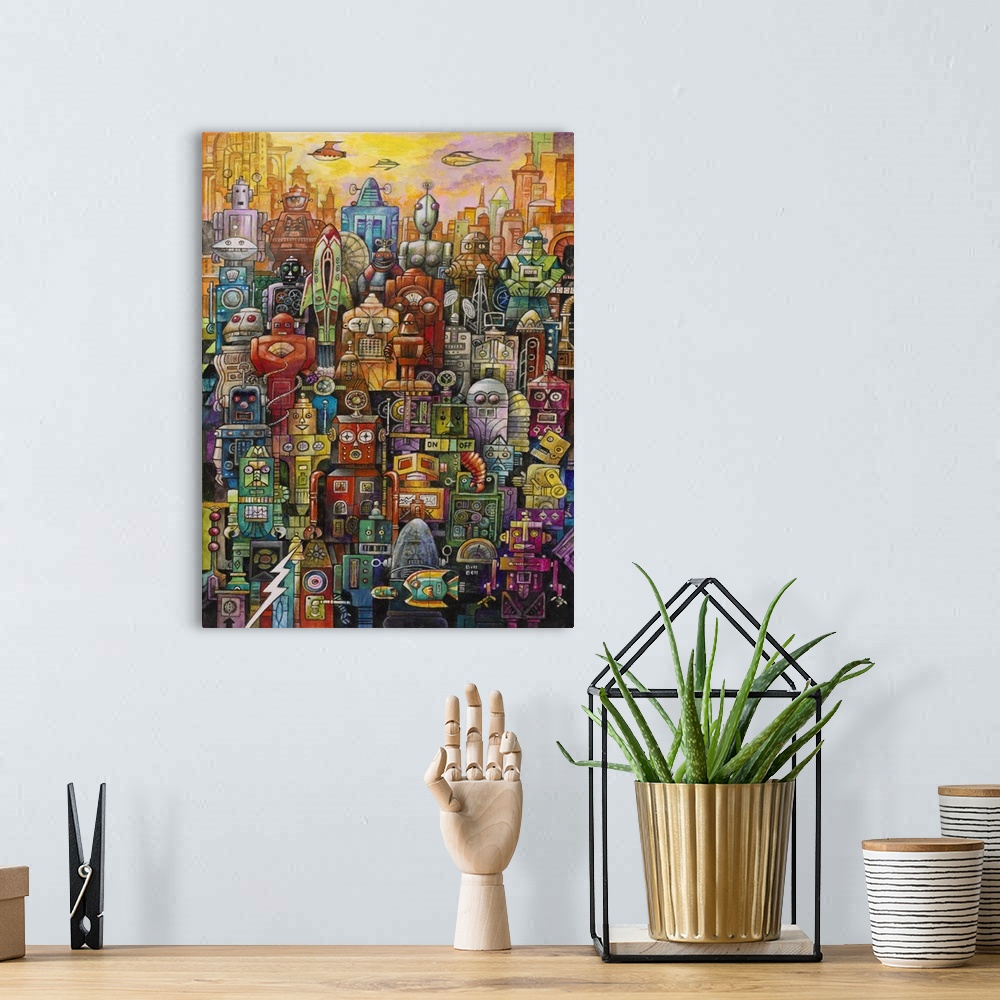A bohemian room featuring A painting of a group of robots.