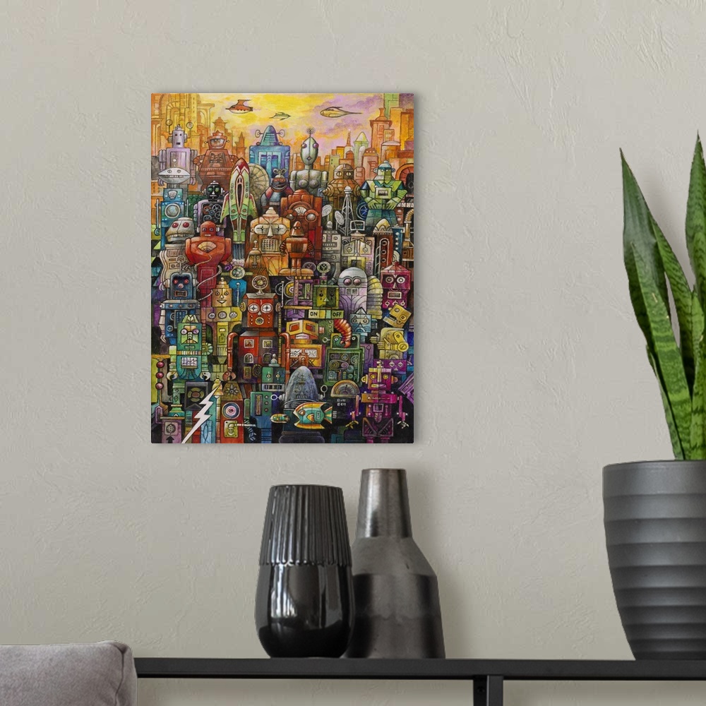 A modern room featuring A painting of a group of robots.