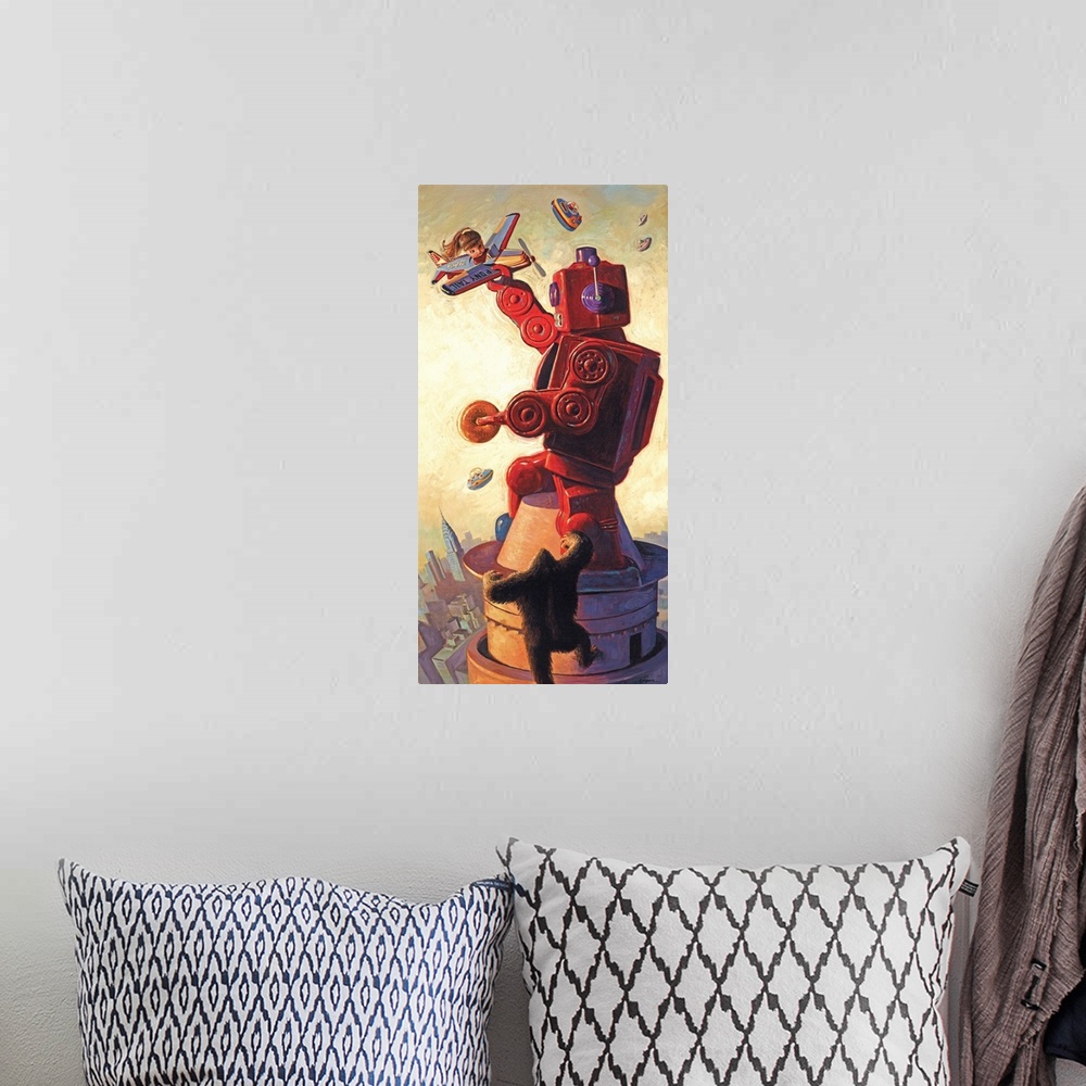 A bohemian room featuring A contemporary painting of a giant red retro toy robot atop a skyscraper holding a donut and figh...