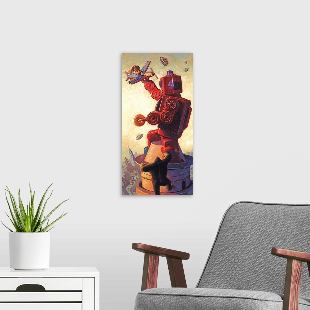 A modern room featuring A contemporary painting of a giant red retro toy robot atop a skyscraper holding a donut and figh...