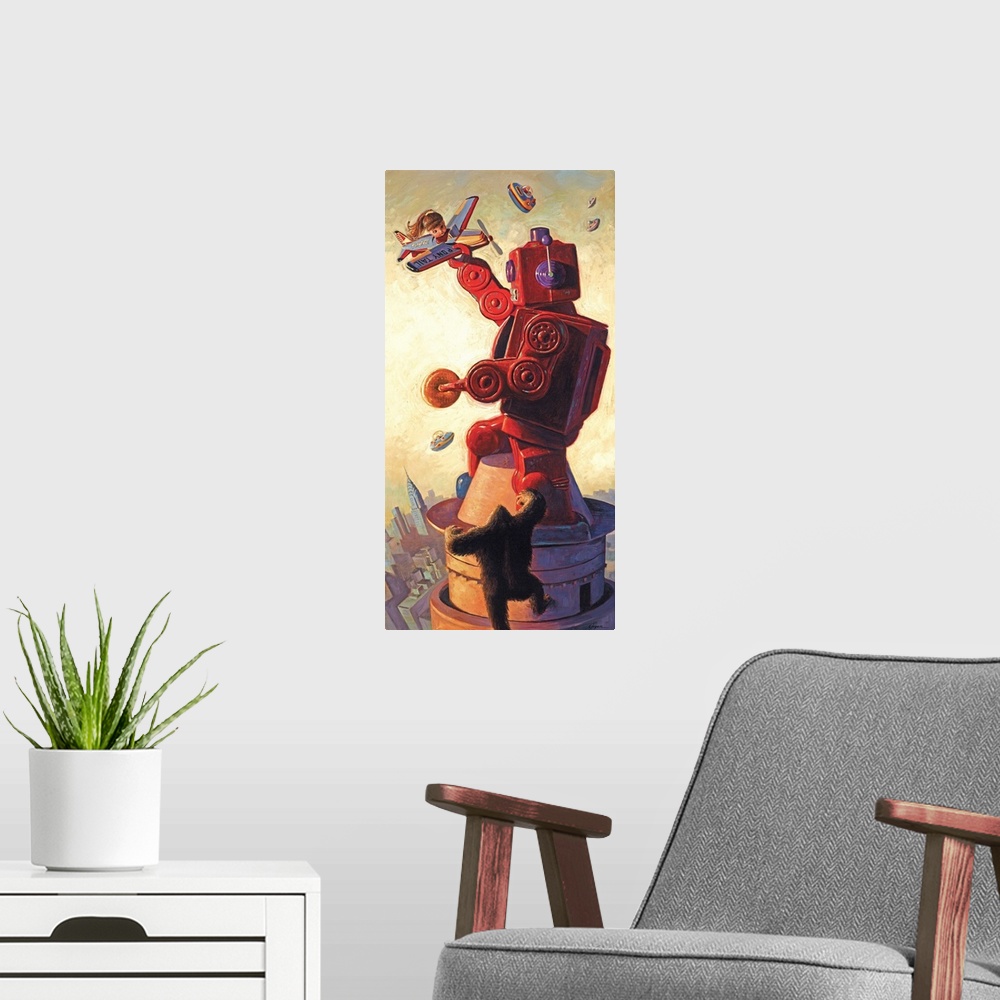 A modern room featuring A contemporary painting of a giant red retro toy robot atop a skyscraper holding a donut and figh...