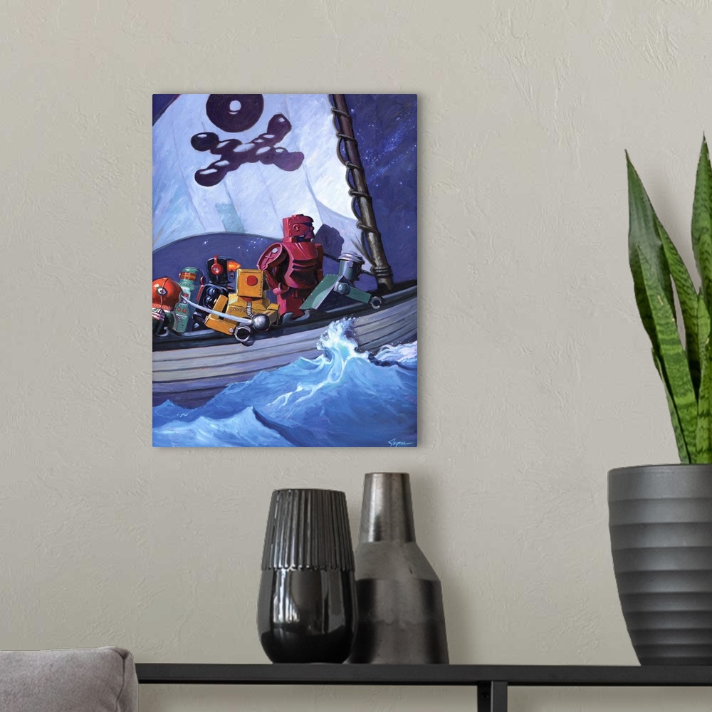A modern room featuring A contemporary painting of a pirate ship with different colored retro toy robots sailing the high...