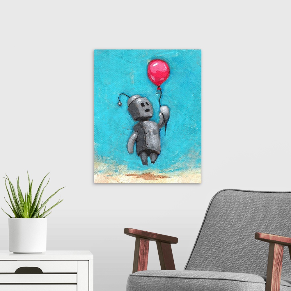 A modern room featuring Illustration of a robot floating away with a red balloon.