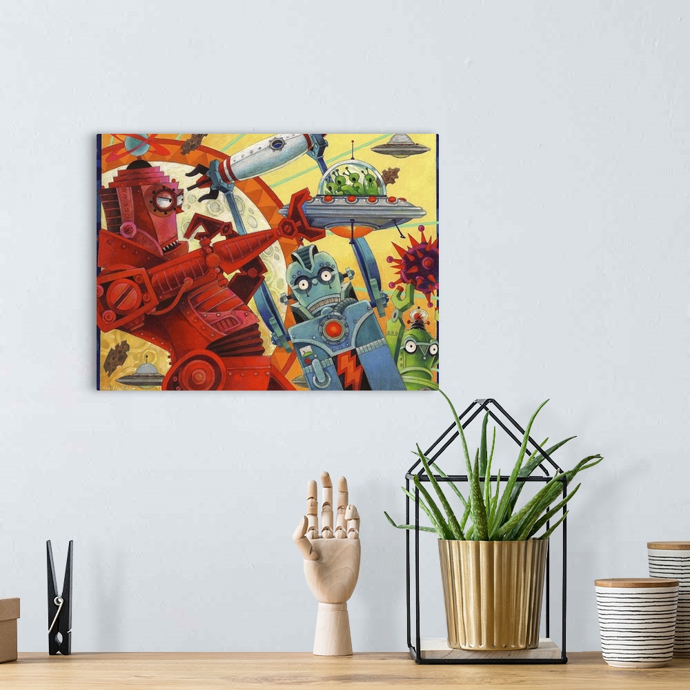 A bohemian room featuring Contemporary piece of artwork with robots fighting alien ships, with rockets zooming all around.