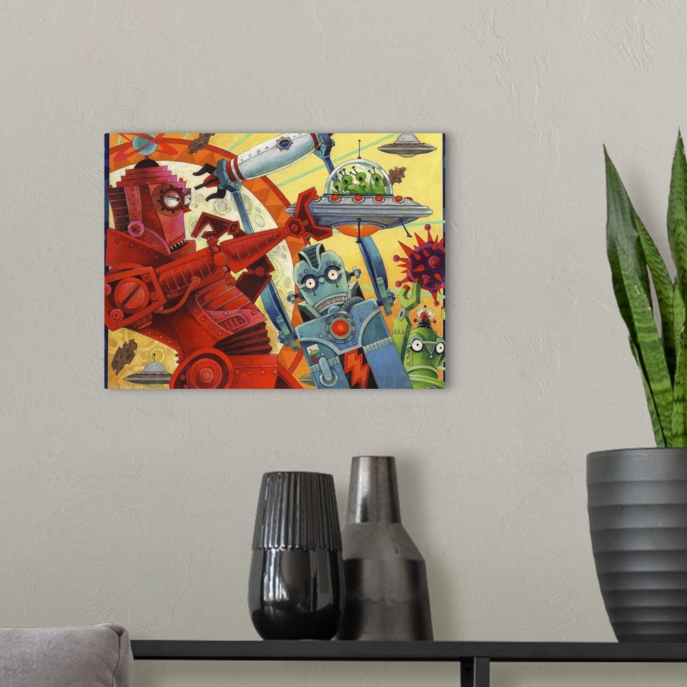 A modern room featuring Contemporary piece of artwork with robots fighting alien ships, with rockets zooming all around.