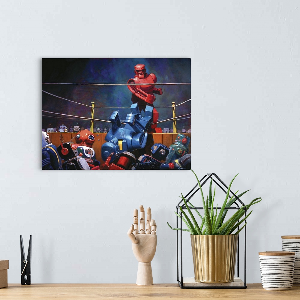 A bohemian room featuring A contemporary painting of a giant retro toy robot boxing match.