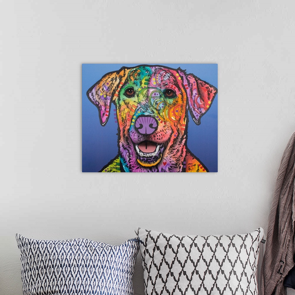 A bohemian room featuring Colorful painting of a happy Labrador with abstract designs on a blue background.