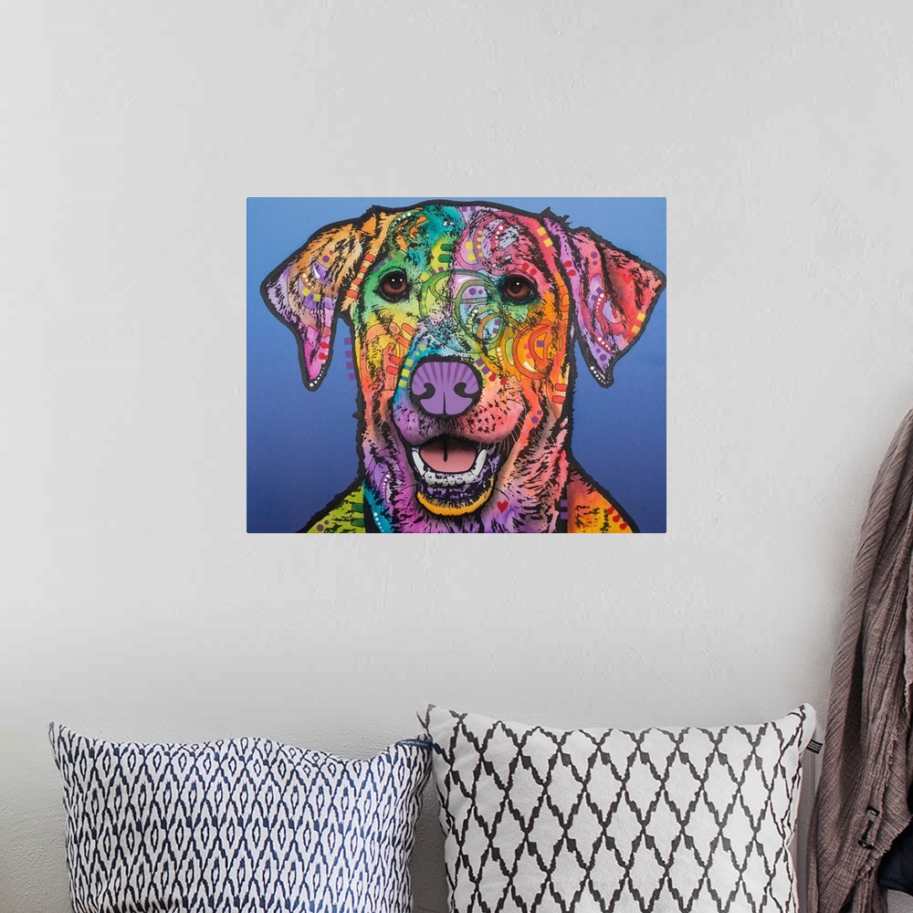 A bohemian room featuring Colorful painting of a happy Labrador with abstract designs on a blue background.