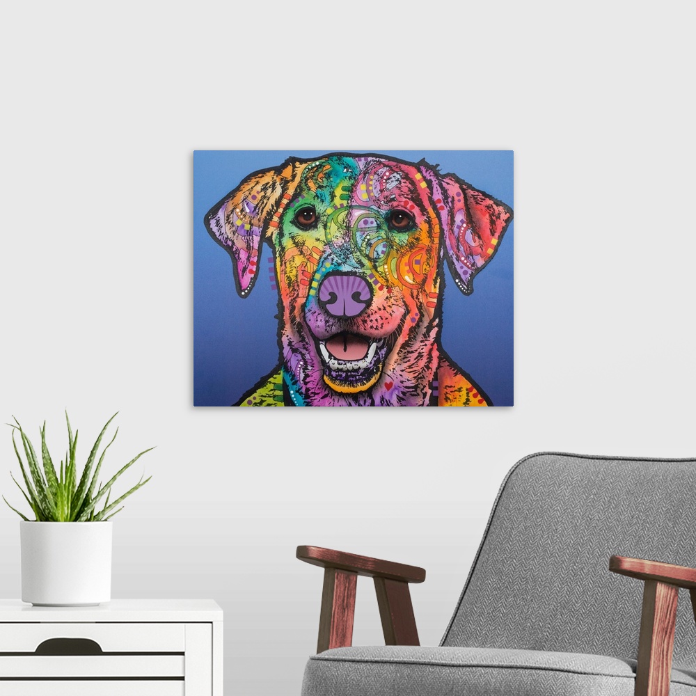 A modern room featuring Colorful painting of a happy Labrador with abstract designs on a blue background.