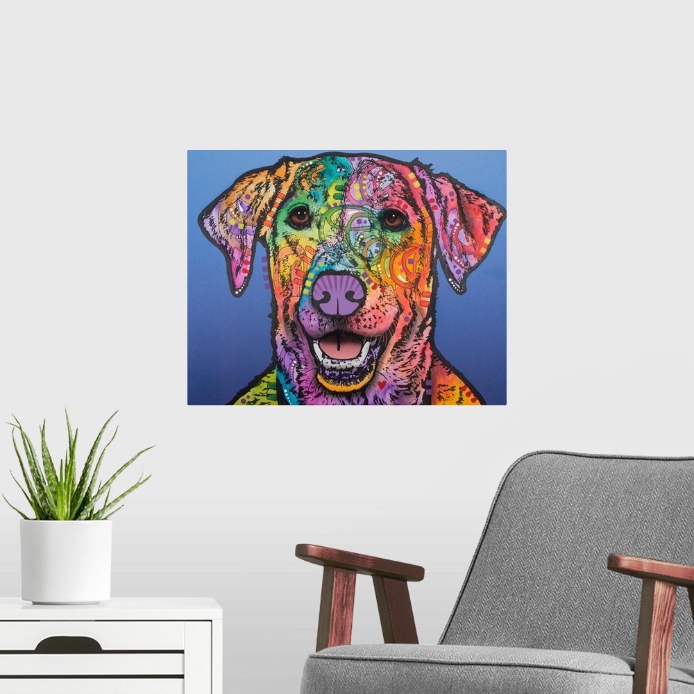 A modern room featuring Colorful painting of a happy Labrador with abstract designs on a blue background.