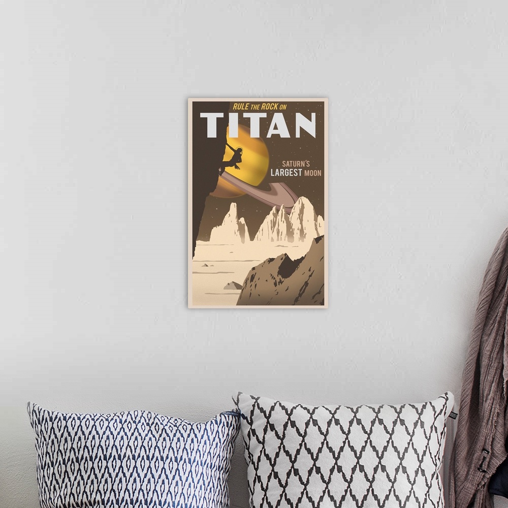 A bohemian room featuring Retro minimalist space travel poster art.