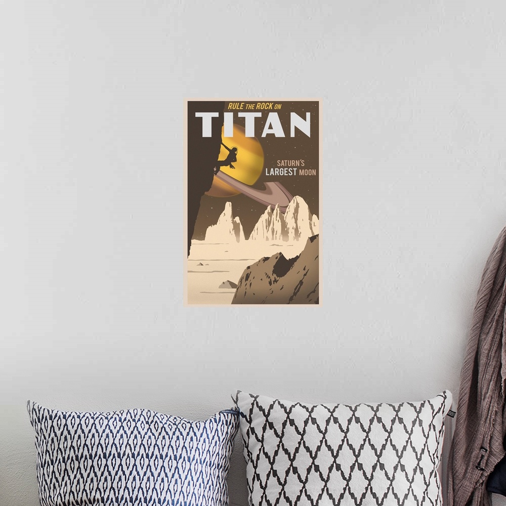 A bohemian room featuring Retro minimalist space travel poster art.