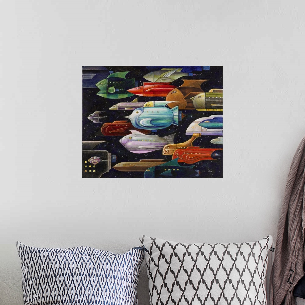 A bohemian room featuring A painting of a group of spaceships in the shapes of fish.