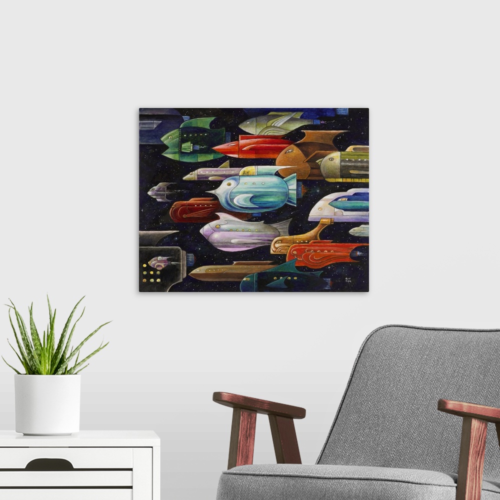 A modern room featuring A painting of a group of spaceships in the shapes of fish.