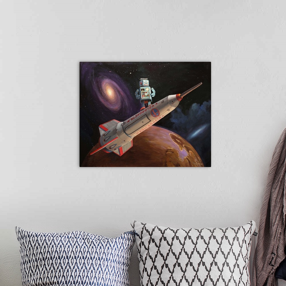 A bohemian room featuring A contemporary painting of a mint green retro toy robot standing on a rocket ship with an outer s...