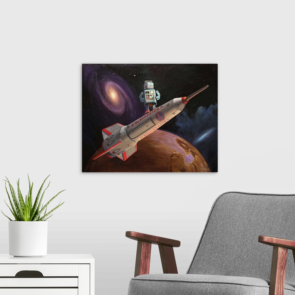 A modern room featuring A contemporary painting of a mint green retro toy robot standing on a rocket ship with an outer s...