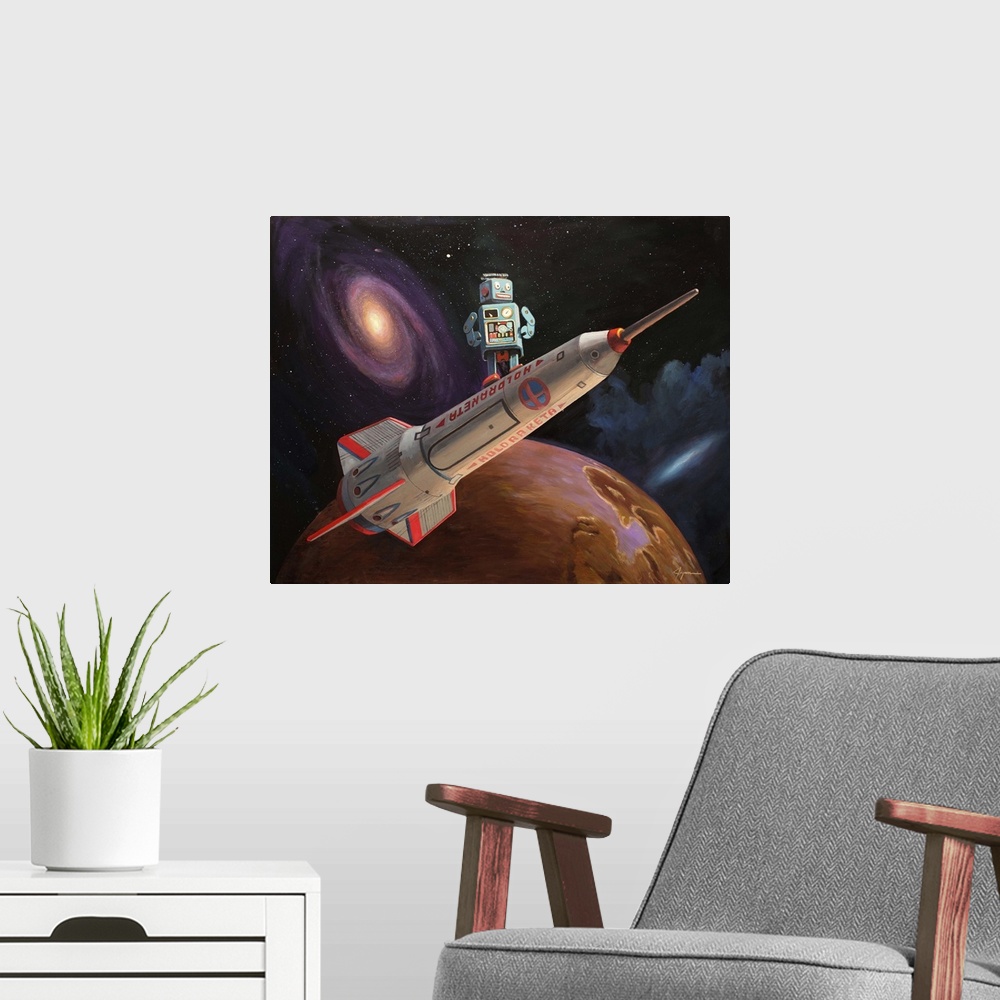 A modern room featuring A contemporary painting of a mint green retro toy robot standing on a rocket ship with an outer s...