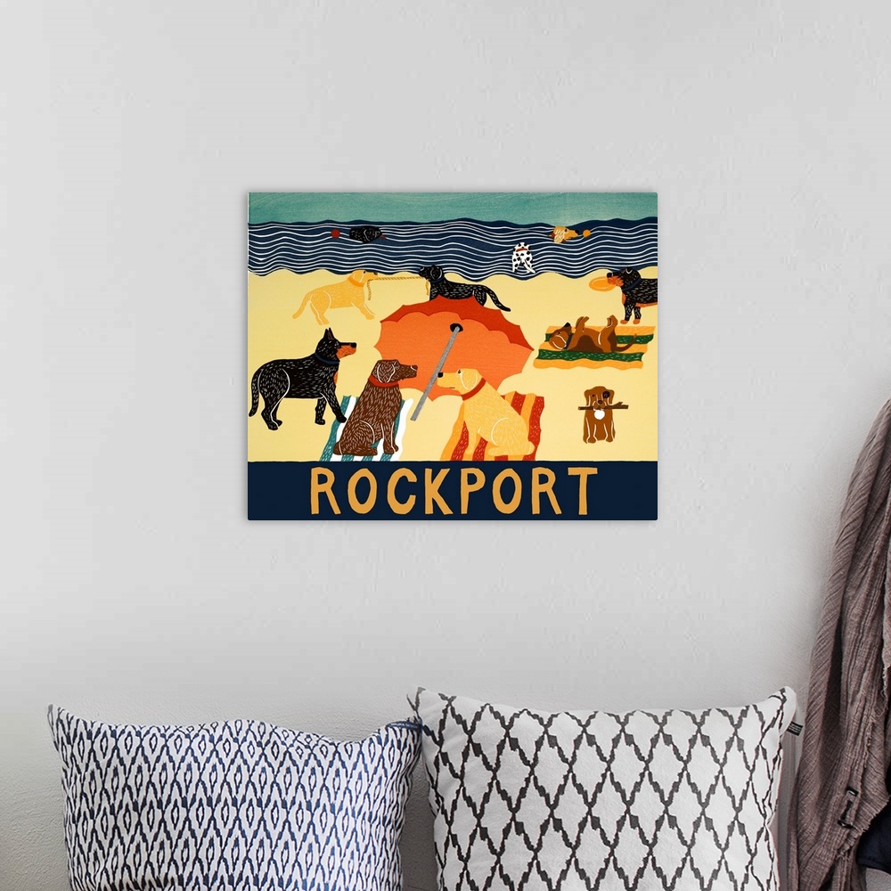 A bohemian room featuring Illustration of multiple breeds of dogs having a beach day with "Rockport" written on the bottom.