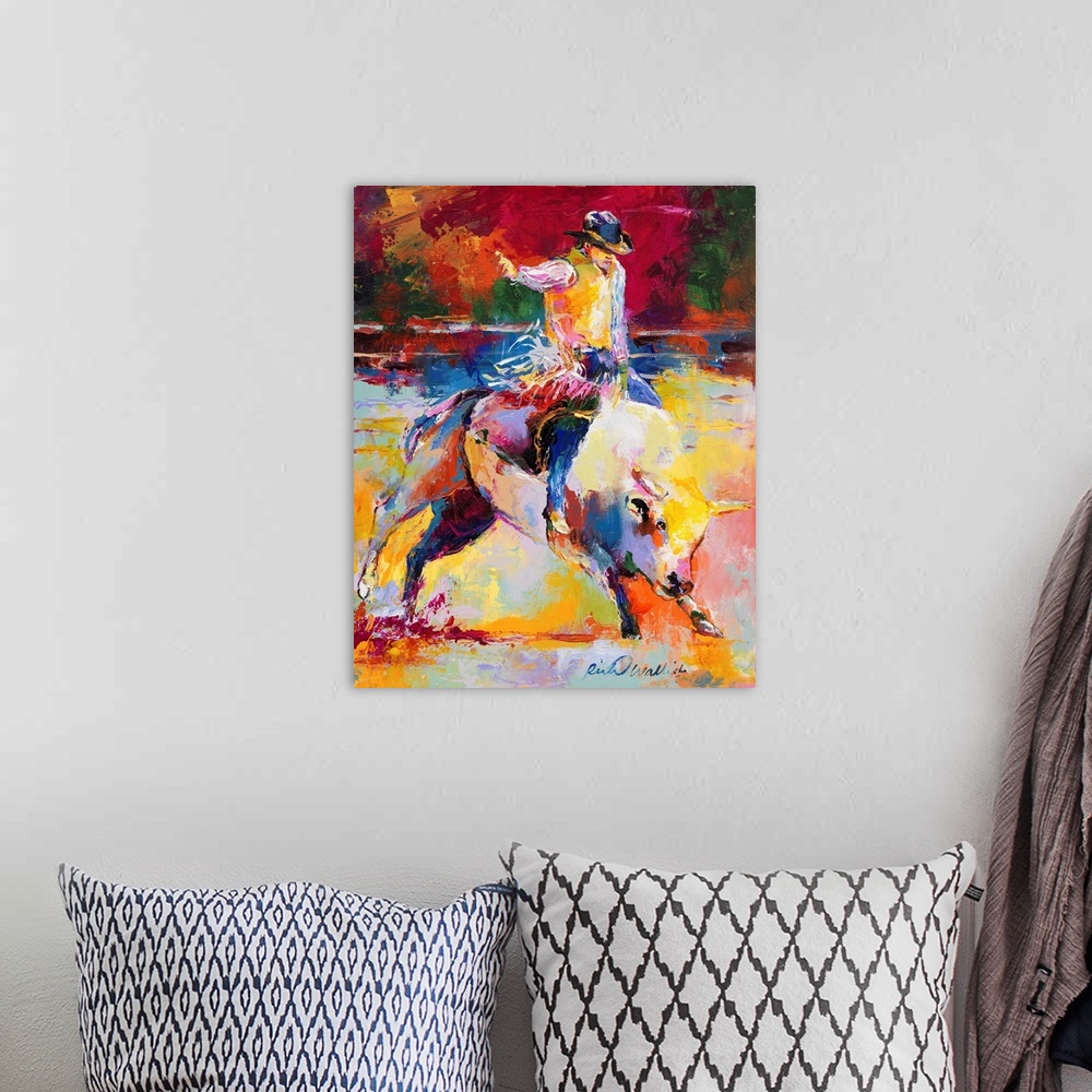 A bohemian room featuring Colorful abstract painting of a man riding a bull at a rodeo.