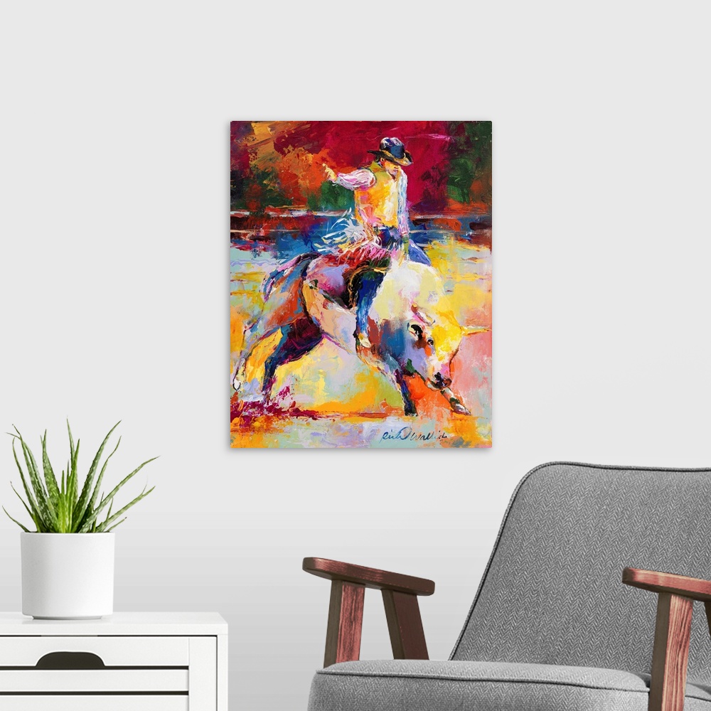A modern room featuring Colorful abstract painting of a man riding a bull at a rodeo.