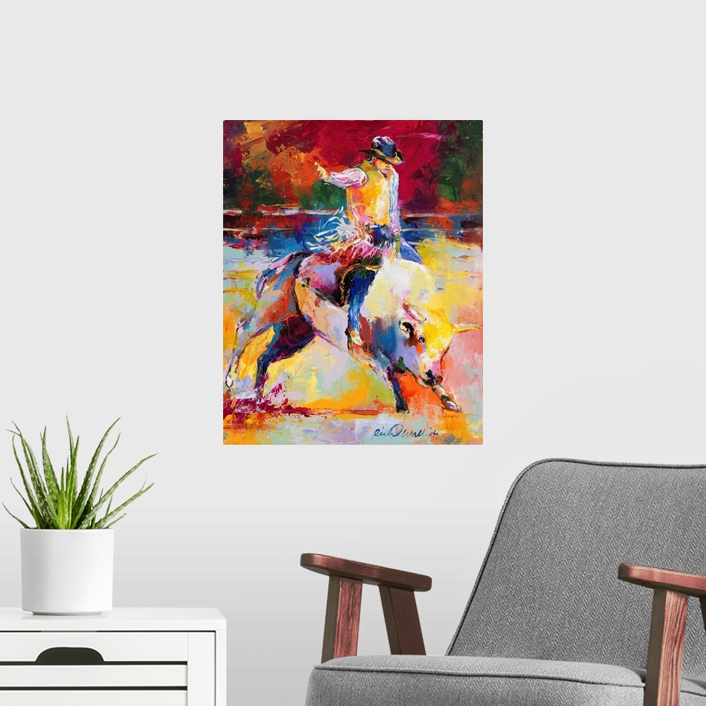 A modern room featuring Colorful abstract painting of a man riding a bull at a rodeo.