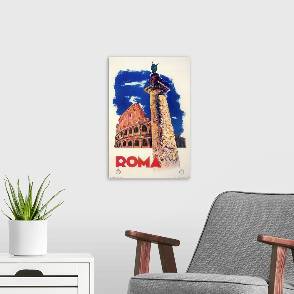 A modern room featuring Vintage poster advertisement for Roma.