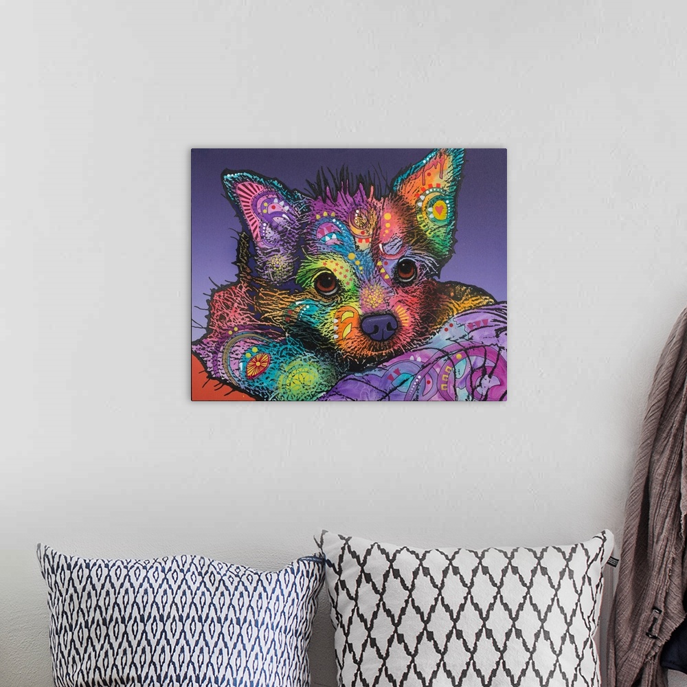 A bohemian room featuring Colorful painting of a puppy with graffiti-like designs laying down with a purple background.