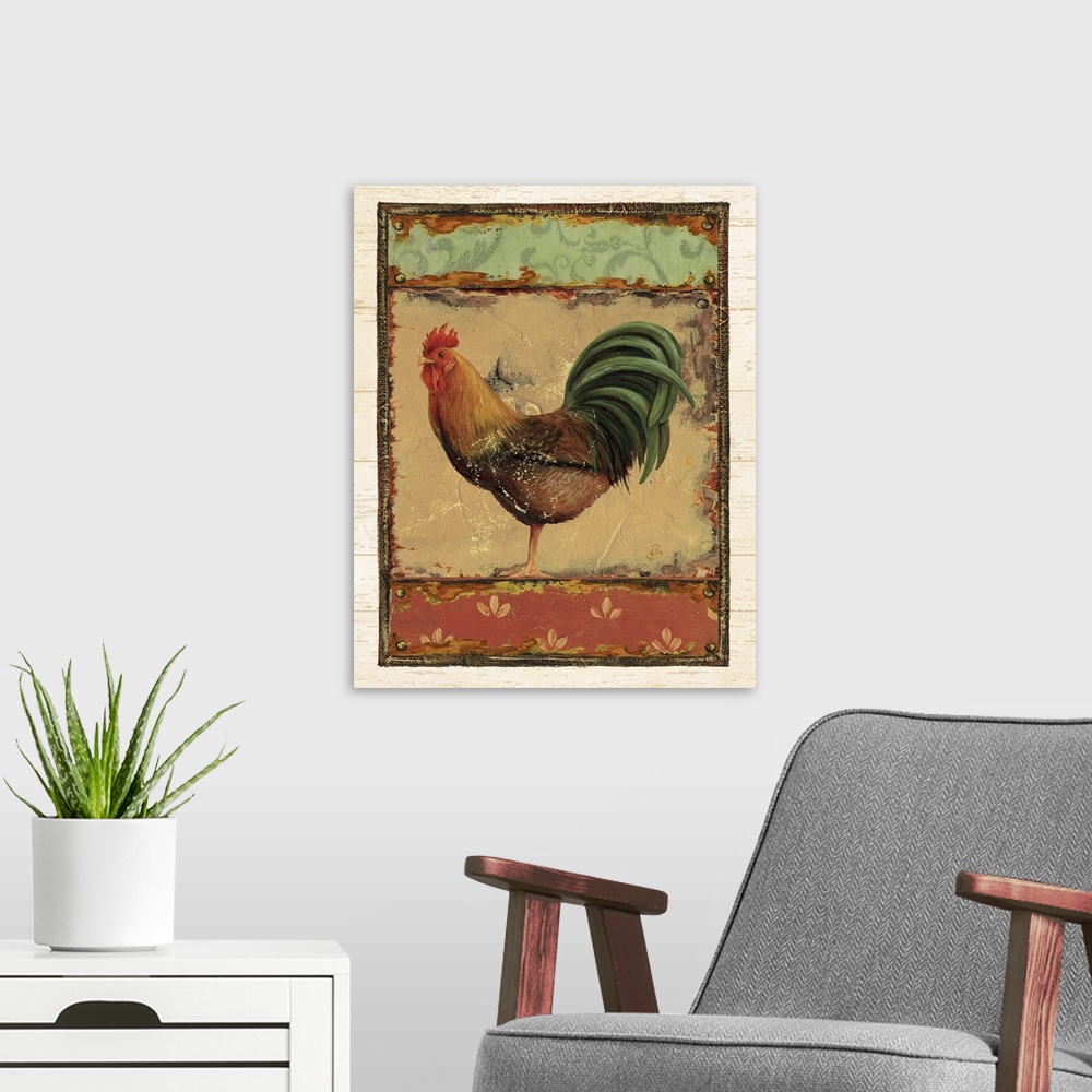 A modern room featuring Rooster Portraits IV