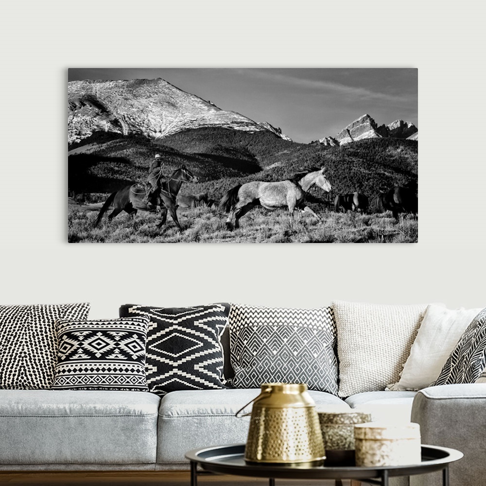 A bohemian room featuring woman rider roping a grey horse,mountain landscape