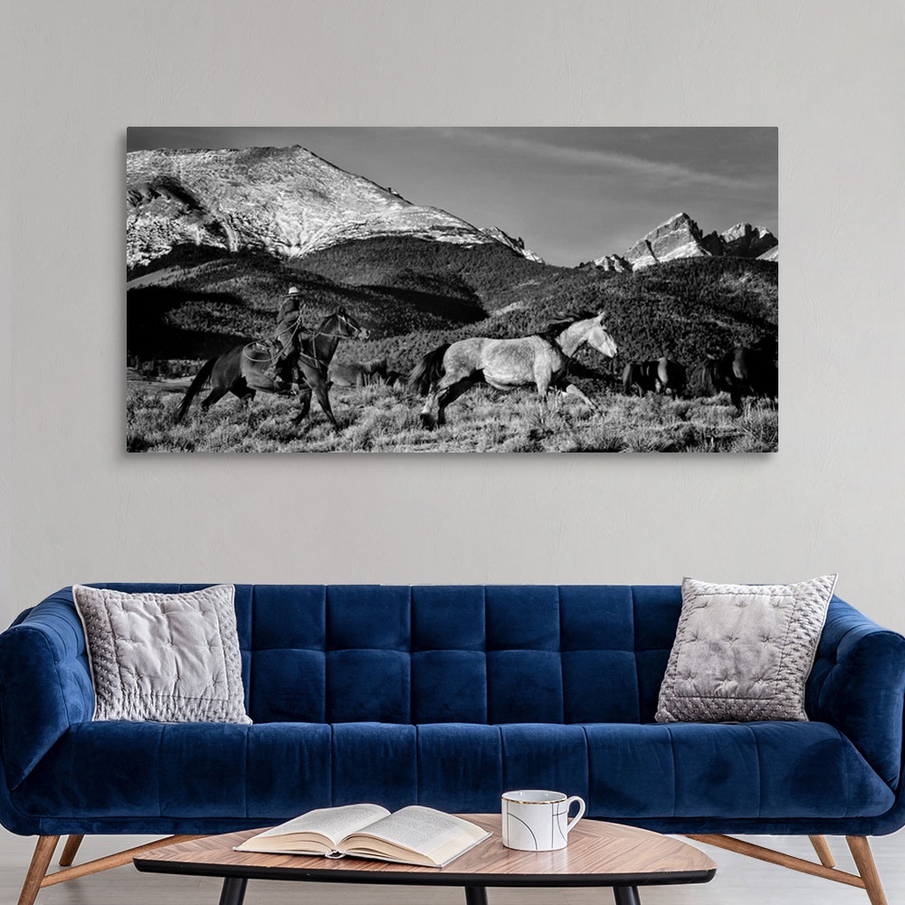 A modern room featuring woman rider roping a grey horse,mountain landscape