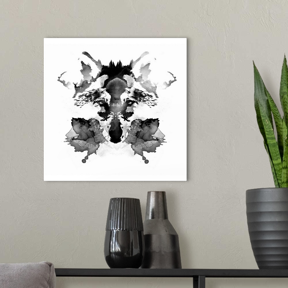 A modern room featuring Contemporary artwork of a wolf face in a Rorschach ink blot.