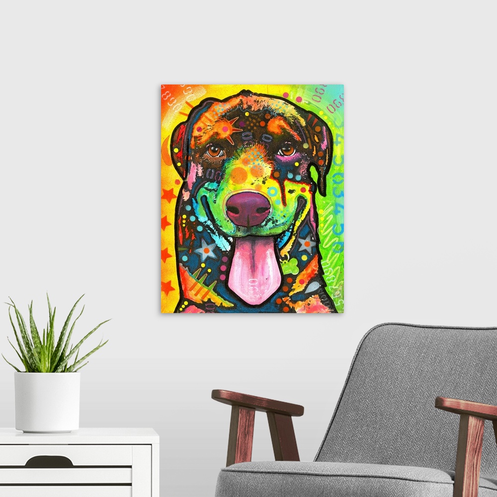 A modern room featuring Colorful painting of a Rottweiler with abstract marking and designs all over.