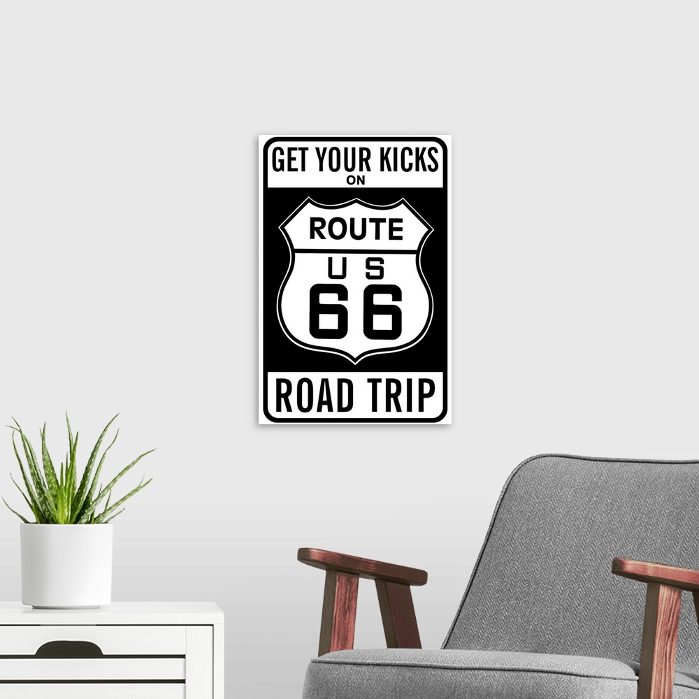 A modern room featuring Route 66 - Vintage Travel Advertisement