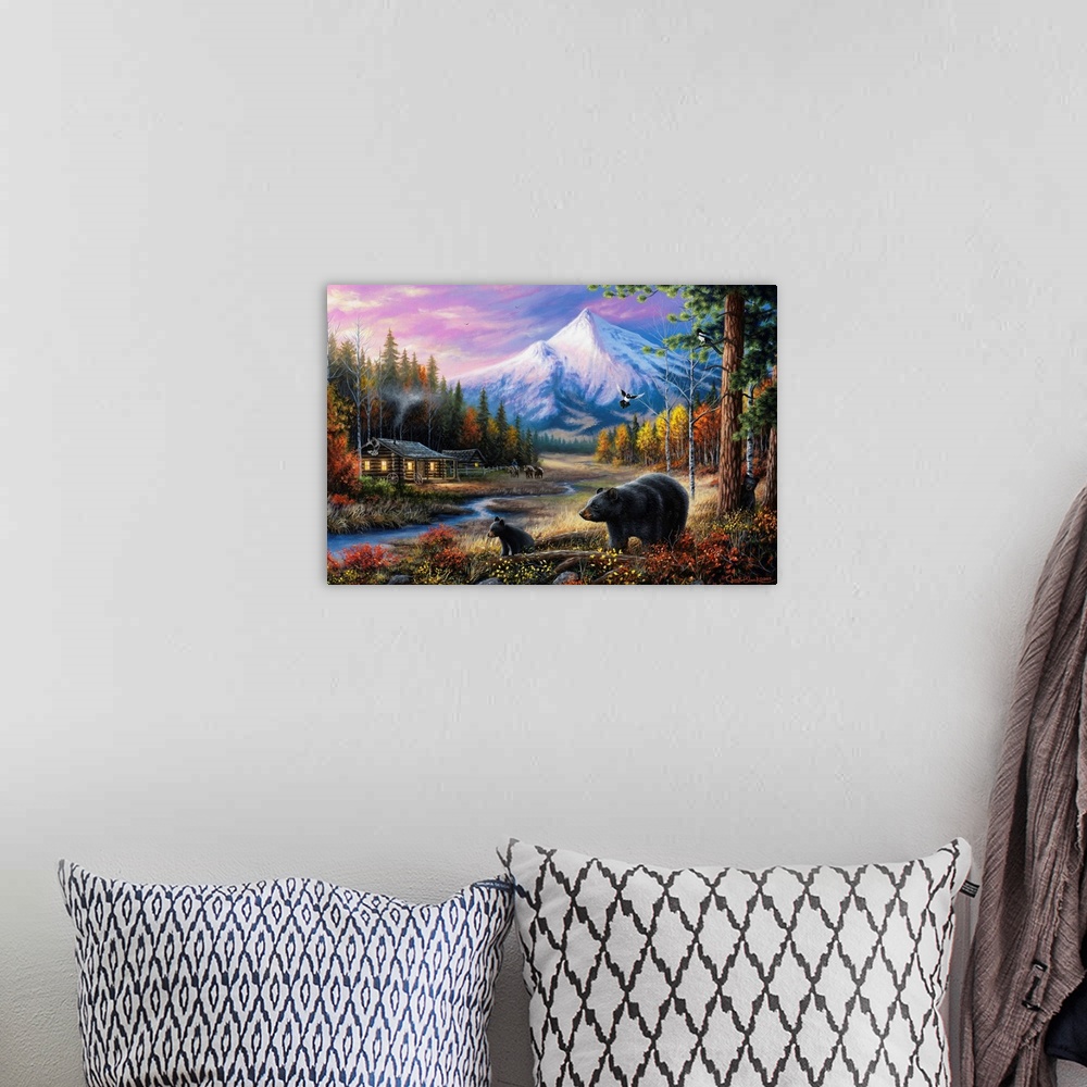 A bohemian room featuring Contemporary landscape painting of a cabin the the woods with mountains in the background and two...