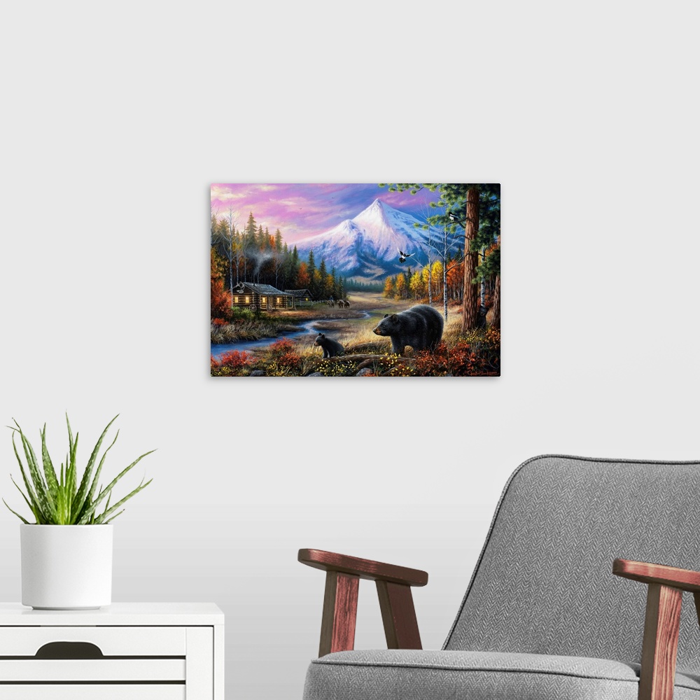 A modern room featuring Contemporary landscape painting of a cabin the the woods with mountains in the background and two...