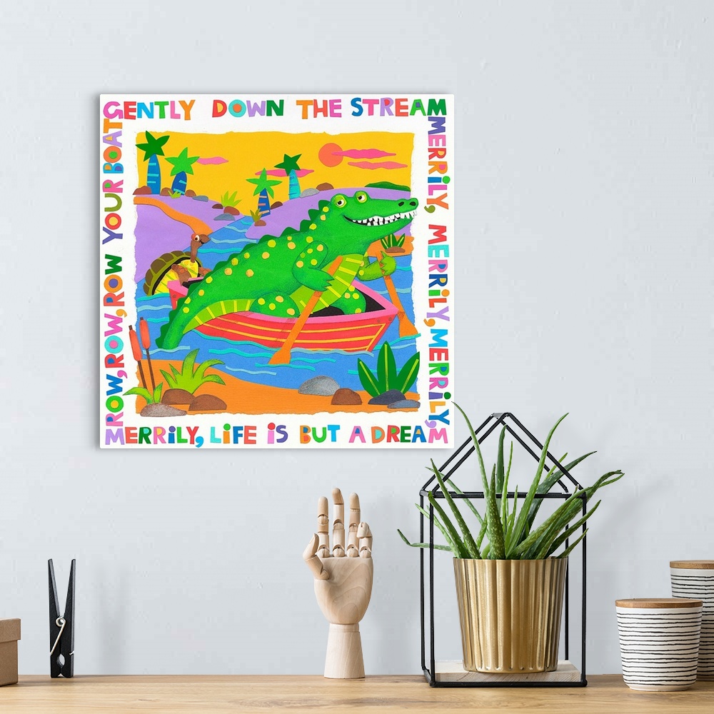 A bohemian room featuring An alligator and turtle rowing a small boat with a nursery rhyme around the border.
