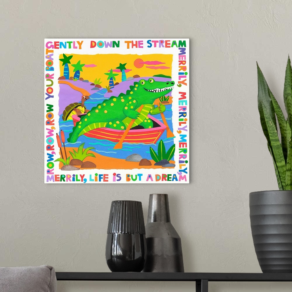 A modern room featuring An alligator and turtle rowing a small boat with a nursery rhyme around the border.