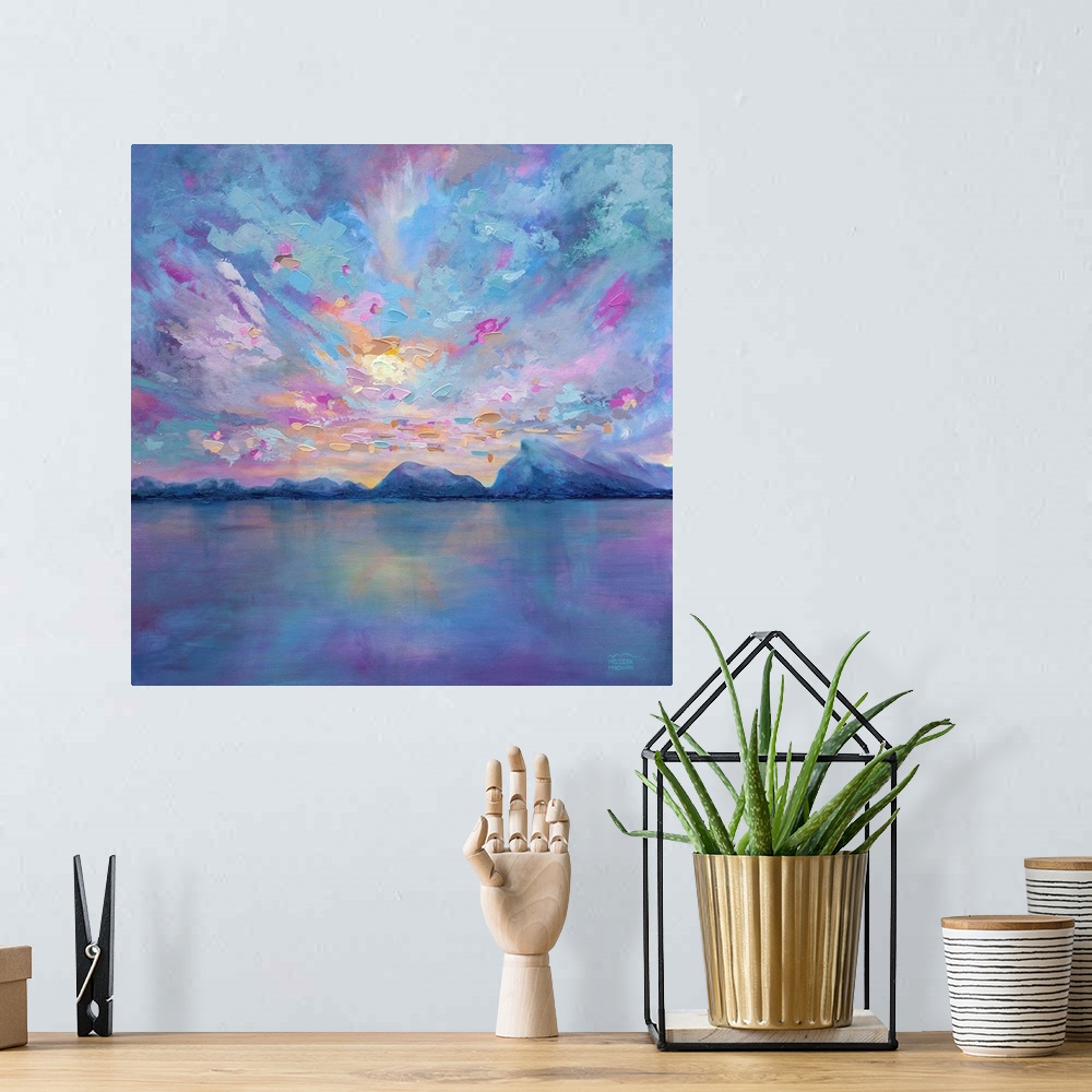 A bohemian room featuring Fine art landscape painting of rocky mountains and cloudy sunset sky by contemporary artist Melis...