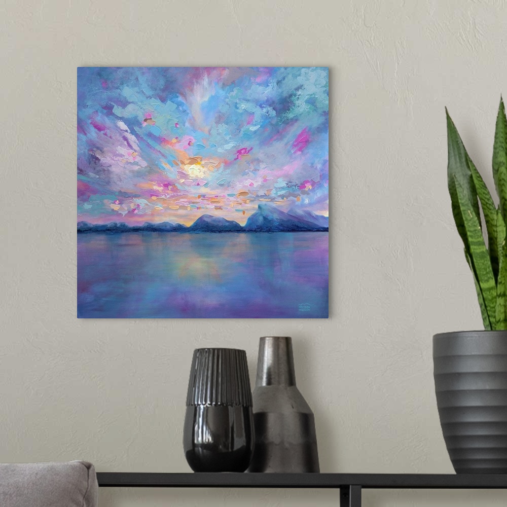 A modern room featuring Fine art landscape painting of rocky mountains and cloudy sunset sky by contemporary artist Melis...