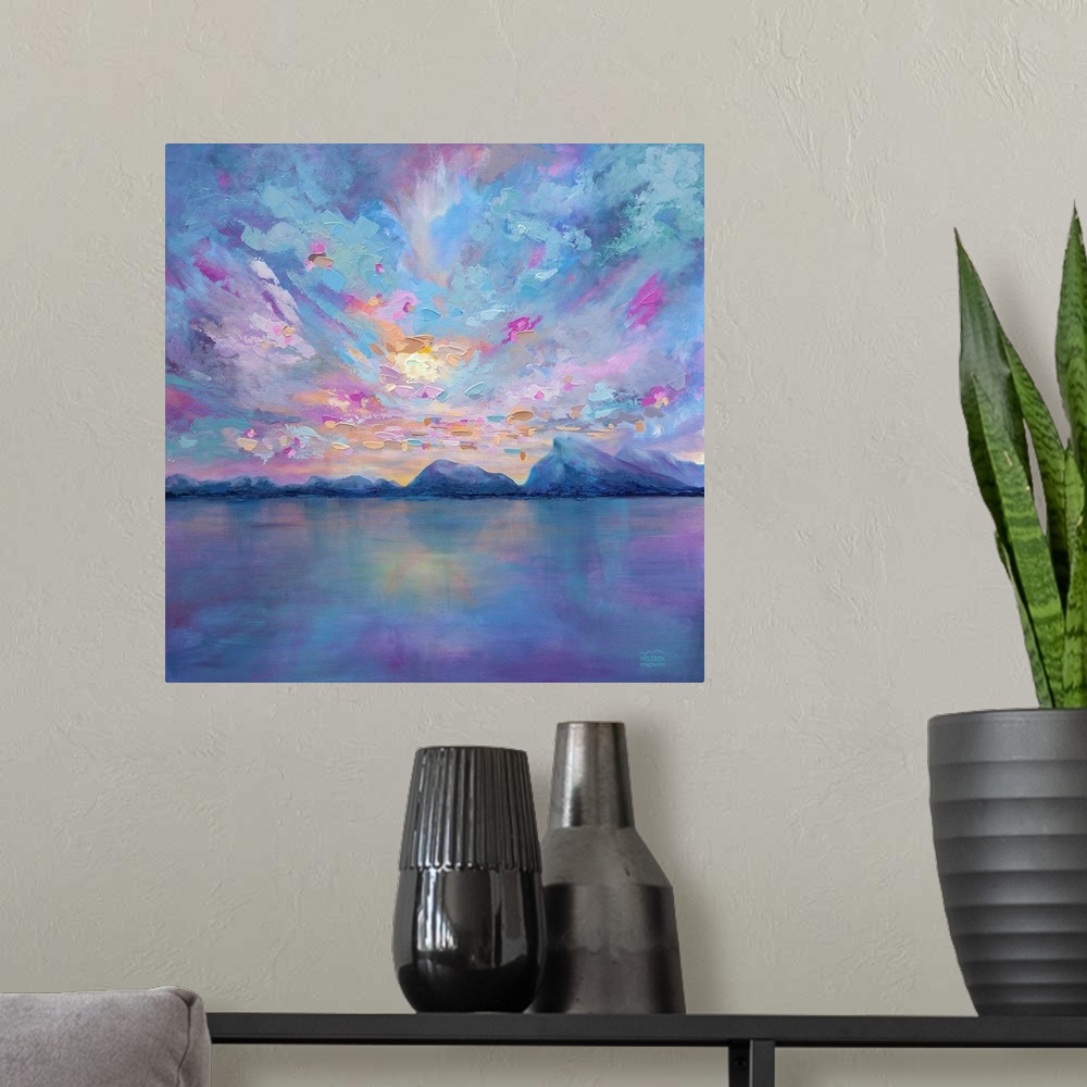 A modern room featuring Fine art landscape painting of rocky mountains and cloudy sunset sky by contemporary artist Melis...