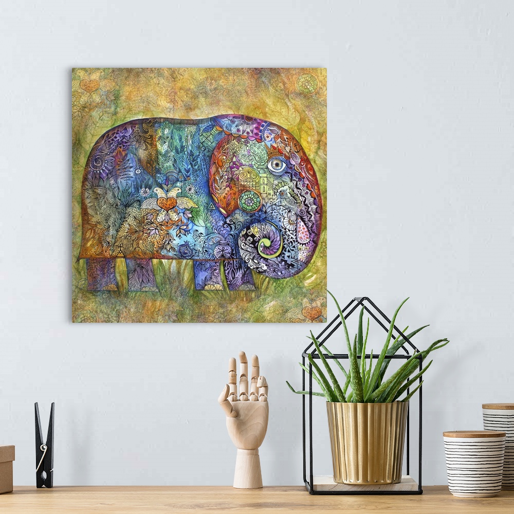 A bohemian room featuring Contemporary painting of an elephant decorated with delicate floral patterns.