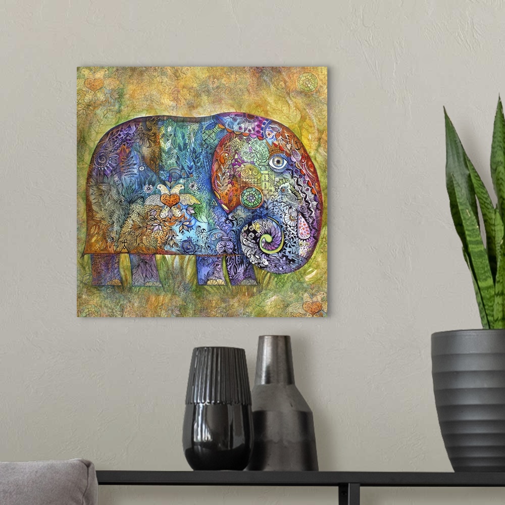 A modern room featuring Contemporary painting of an elephant decorated with delicate floral patterns.