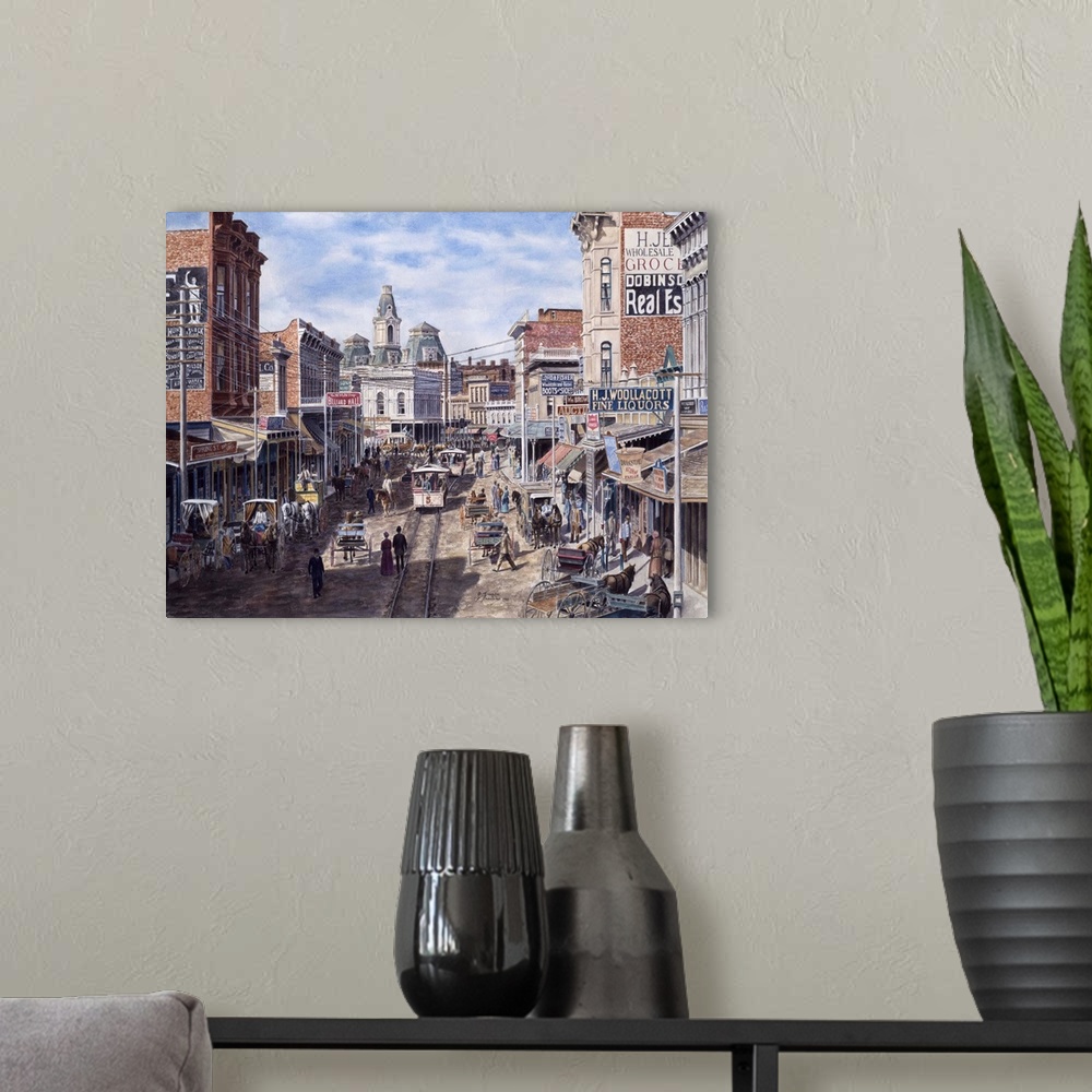 A modern room featuring Contemporary painting of a bustling city street.