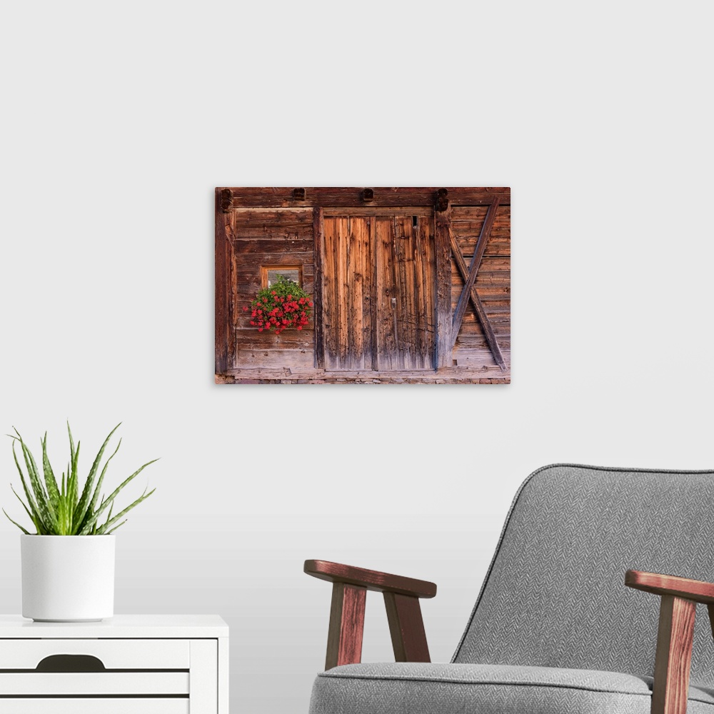 A modern room featuring A photograph of weathered wood on the exterior of an old barn.