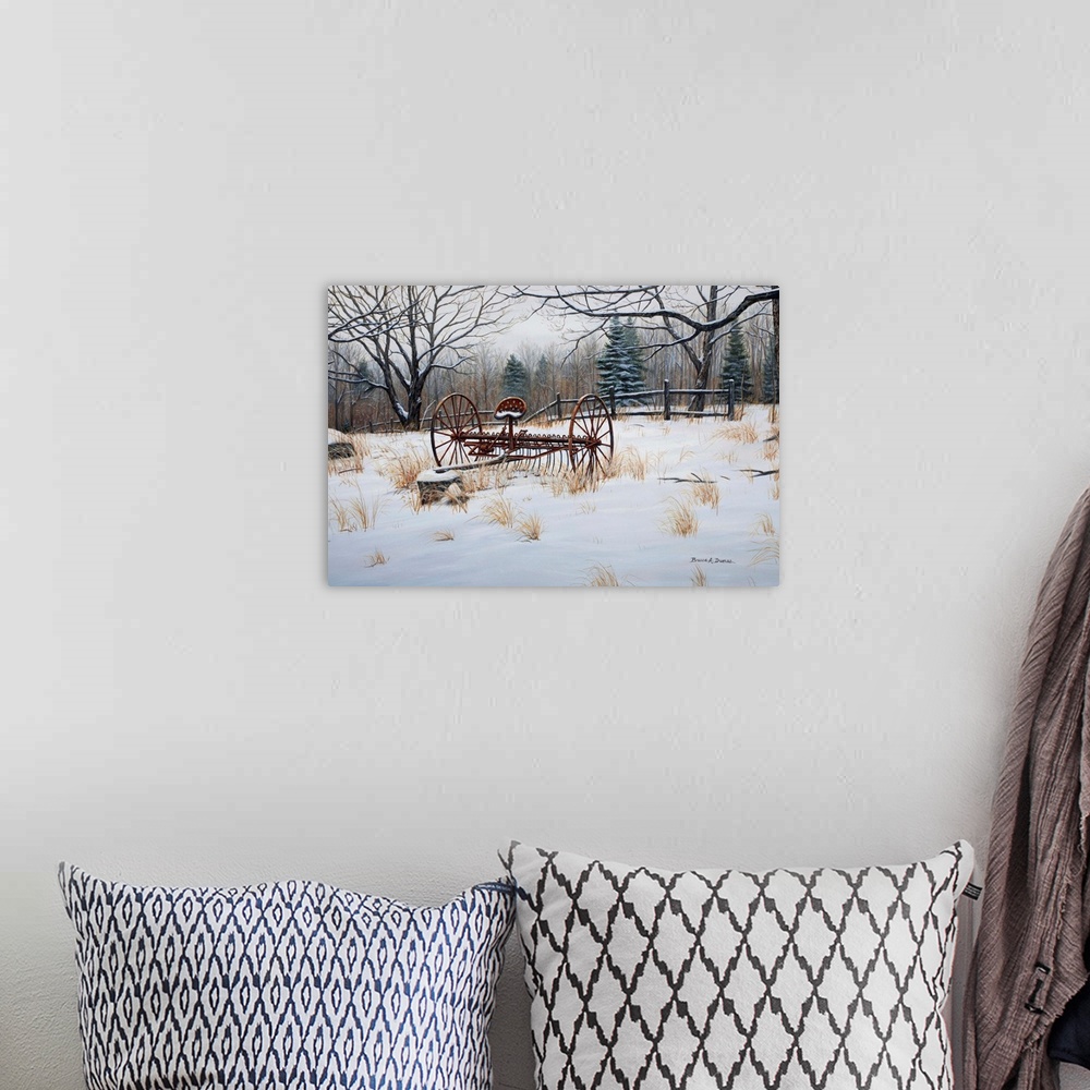A bohemian room featuring Contemporary artwork of a cultivator resting for the winter months
